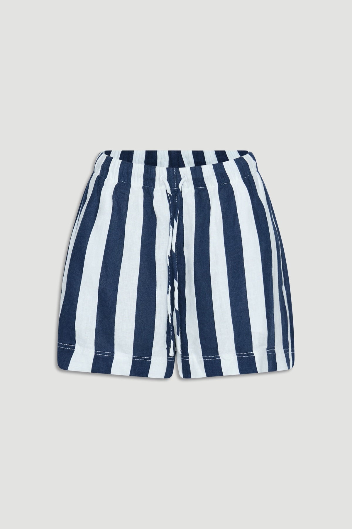 Navy and white striped linen blend shorts with a relaxed fit and elastic waistband for easy everyday comfort