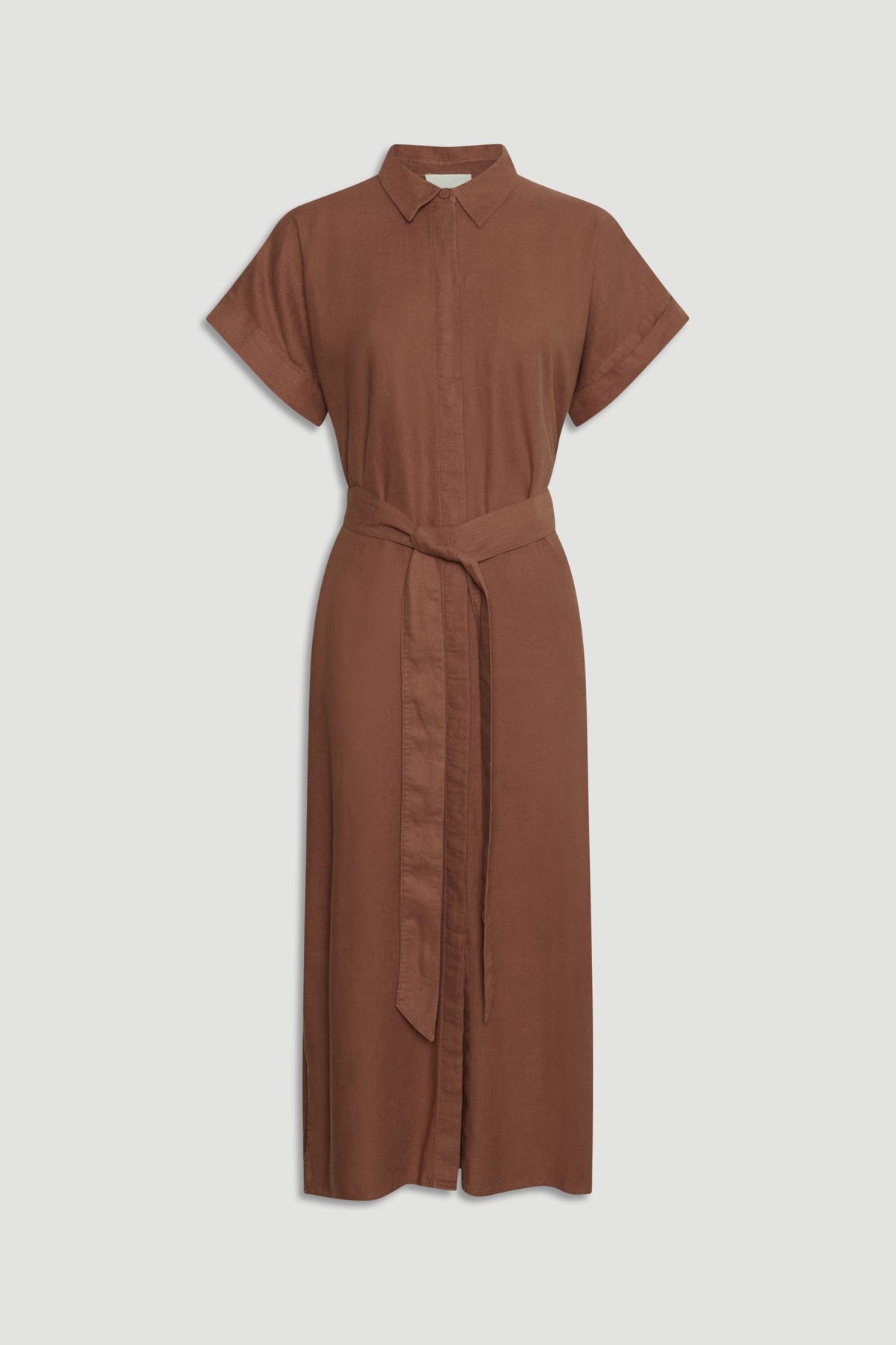 Brown linen blend midi dress with short sleeves, collar, and matching fabric belt for a relaxed yet polished look