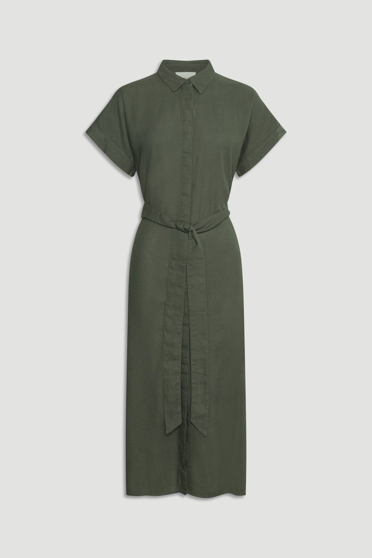 D-Luxe Linen Blend Midi Dress in olive green, lightweight breathable fabric with a tie waist, gallery image 4 portrait view