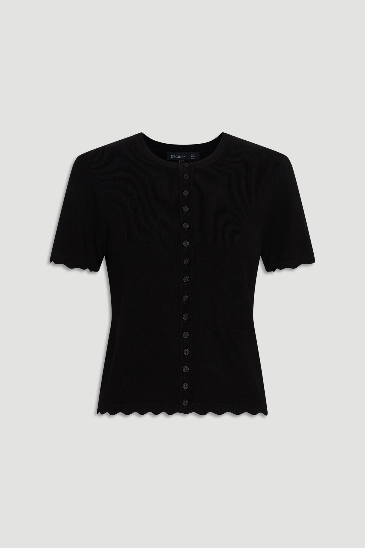 Maya Scallop Trim Button Top in black with delicate scalloped edges and a row of buttons for a refined feminine look.