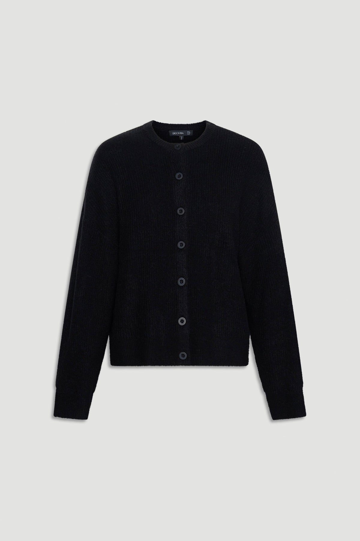 Black button-up knit cardigan with a soft texture, designed for versatile and comfortable layering.