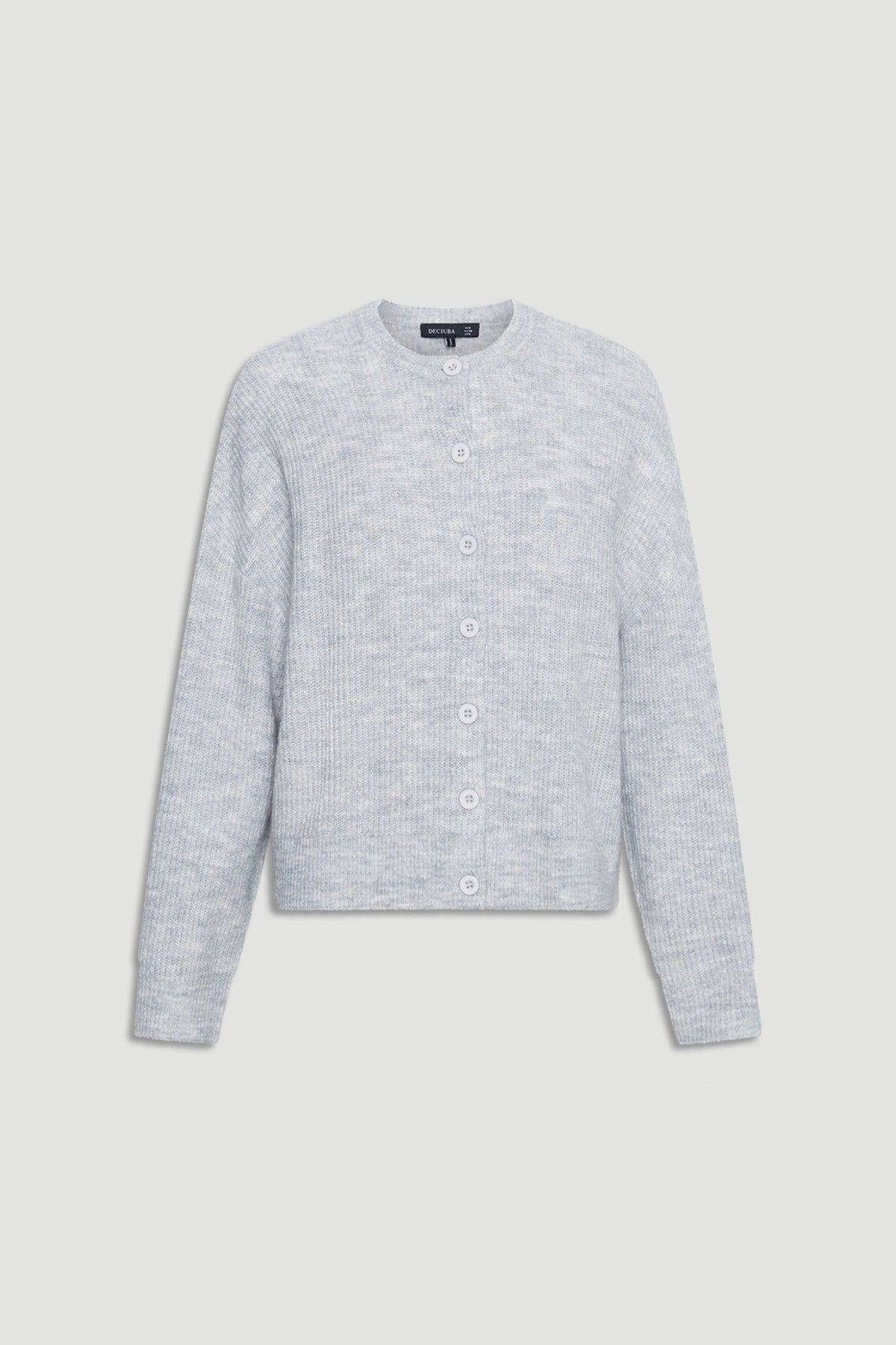 Soft light grey knit cardigan with a classic crew neck and button front, perfect for layering casual outfits.