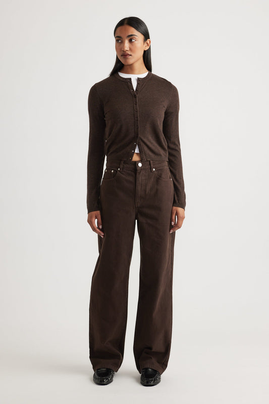 Woman wearing Bella Button Through Cardigan in rich chocolate brown with long sleeves and round neckline by DECJUBA.
