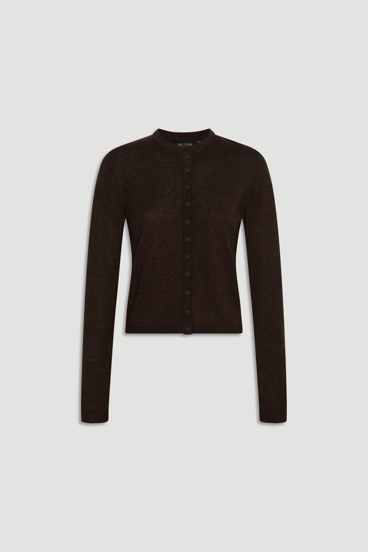 Bella Button Through Cardigan in rich chocolate brown with long sleeves and a classic round neckline by DECJUBA.