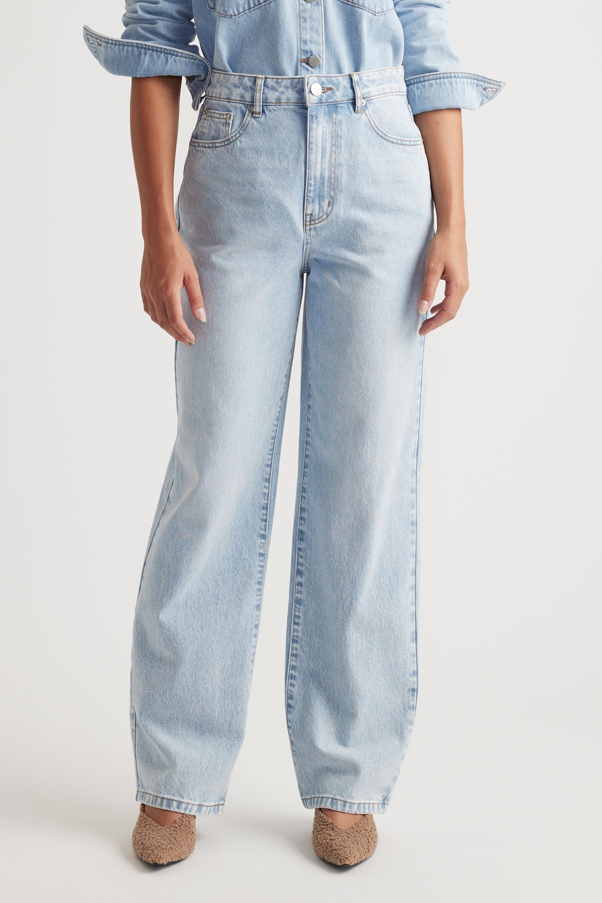 Ariana Straight Leg Jean in light blue denim with high waist and relaxed fit by DECJUBA Australian fashion brand