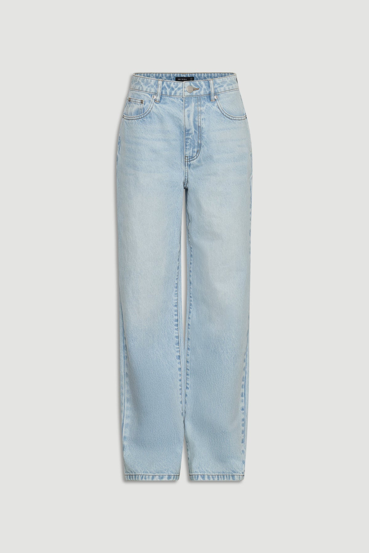 Ariana Straight Leg Jean in soft light blue denim with high-rise waist and relaxed fit by DECJUBA Australian fashion brand