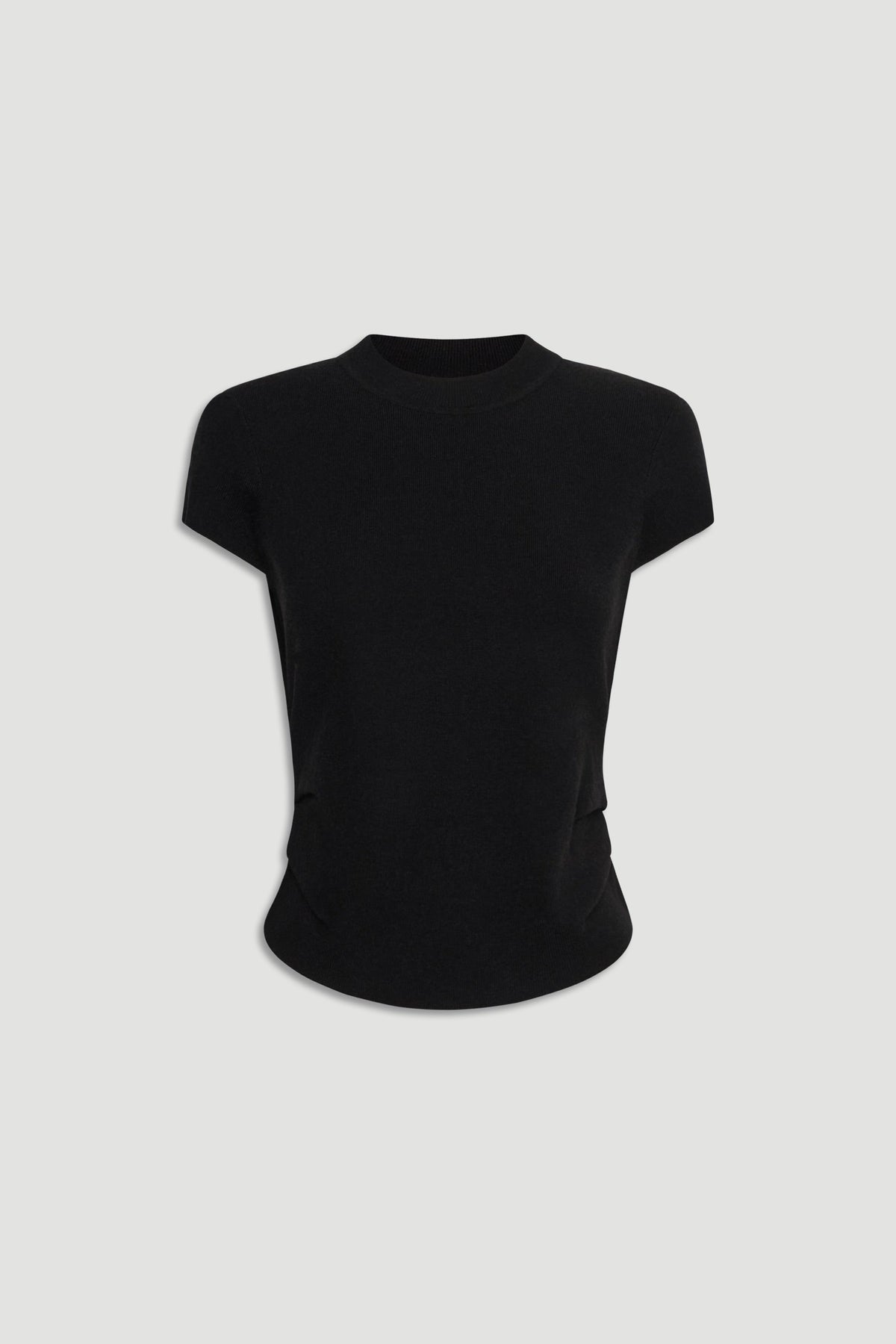 Black Lily Pleat Detail Knit Tee with subtle pleats and short sleeves, crafted for timeless, versatile layering.
