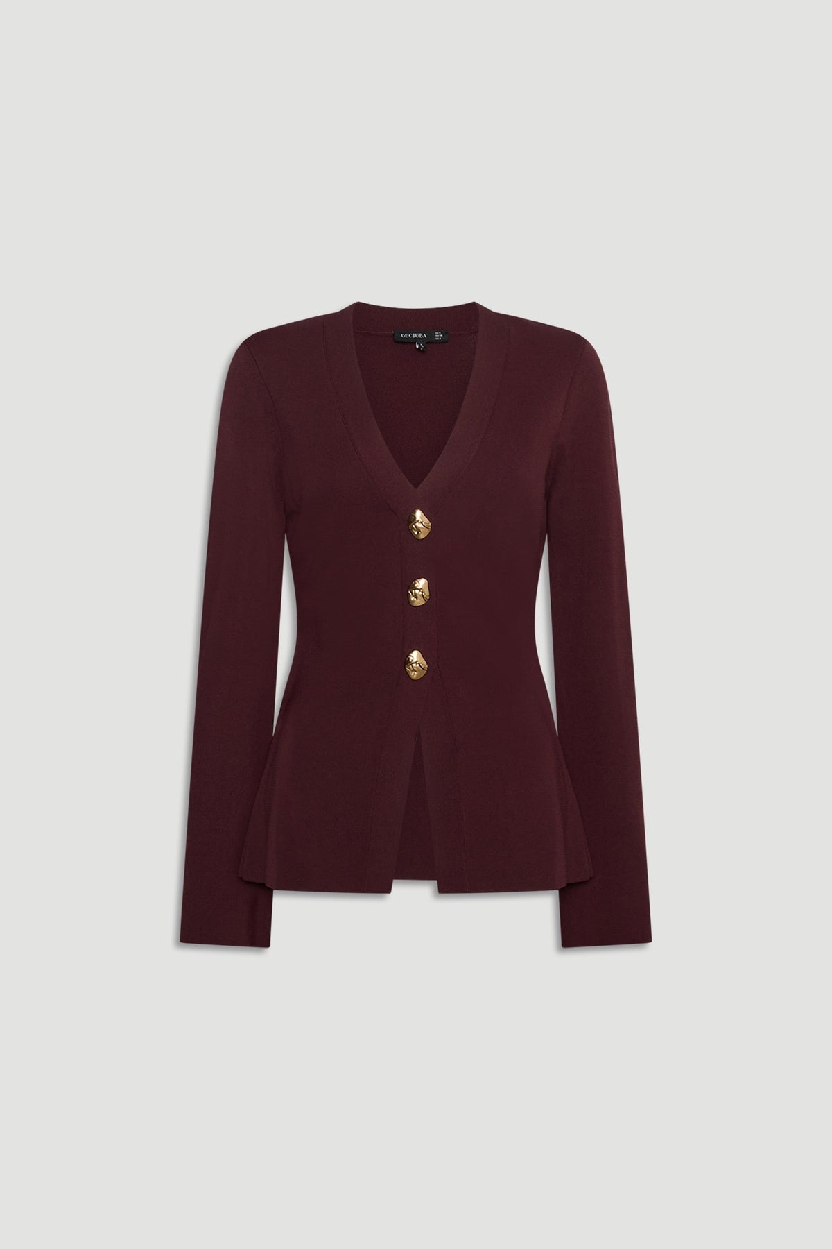 Burgundy longline knit cardigan with a deep V-neck and three decorative gold buttons for a tailored look.