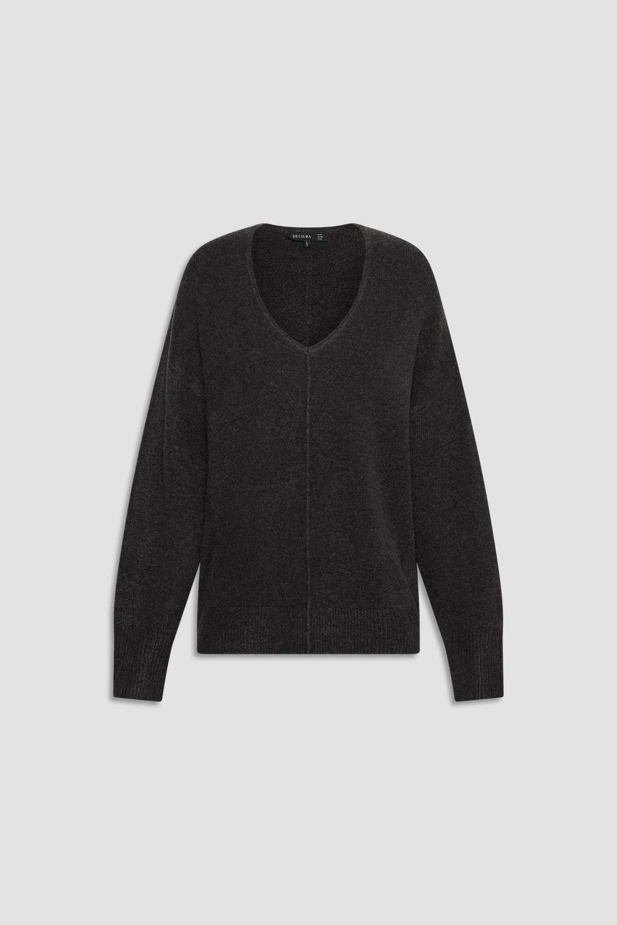 Charcoal knit jumper with a deep V-neck and subtle central seam detail, featuring a relaxed fit and ribbed cuffs.