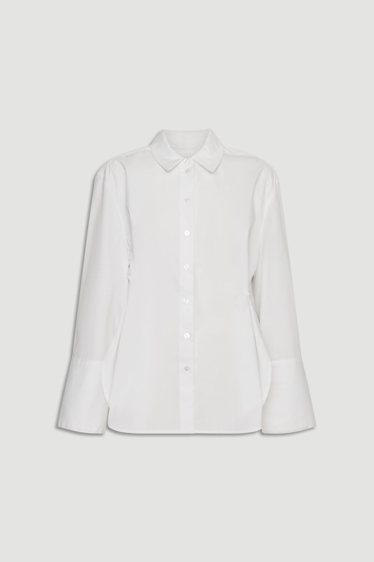 Kristy Side Button Shirt in crisp white cotton with puff sleeves and tailored cuffs by DECJUBA Australian fashion brand