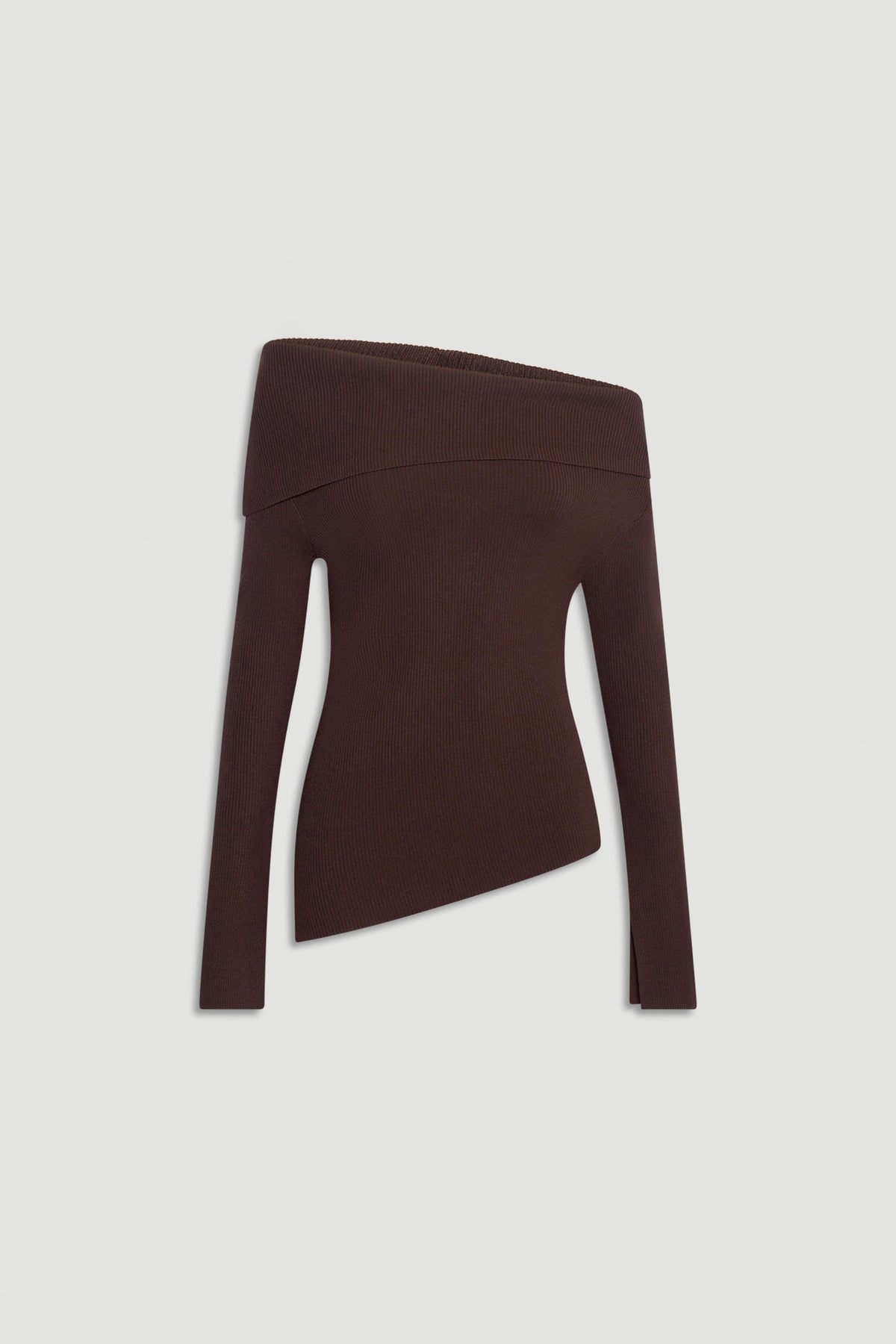 Rich mocha off-shoulder knit top with long sleeves and an asymmetrical hem for a chic yet effortless look.