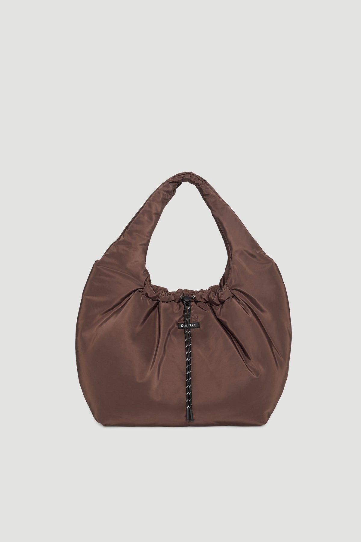 Soft chocolate brown puffer bag with gathered top and thick handle, featuring a black drawstring toggle closure detail