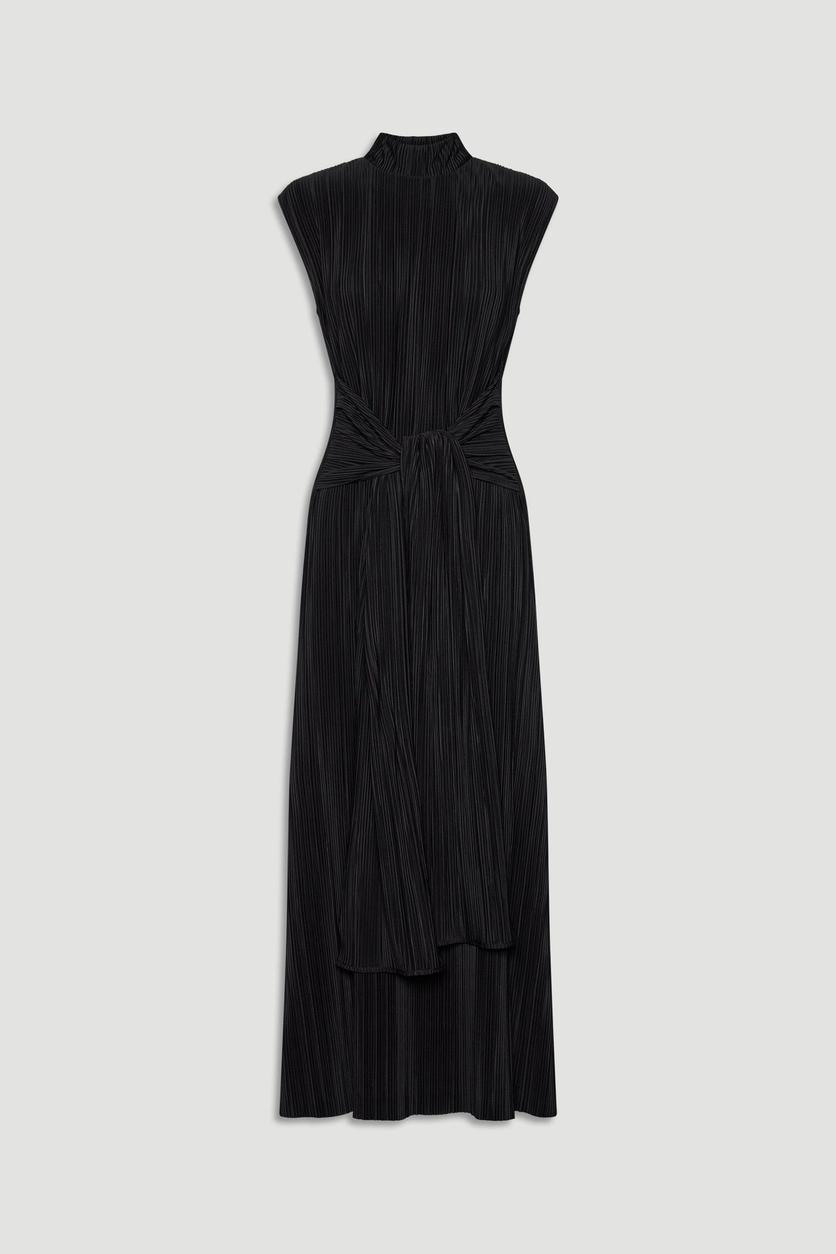Black pleated maxi dress with high neck and tie waist detail for an elegant, versatile silhouette