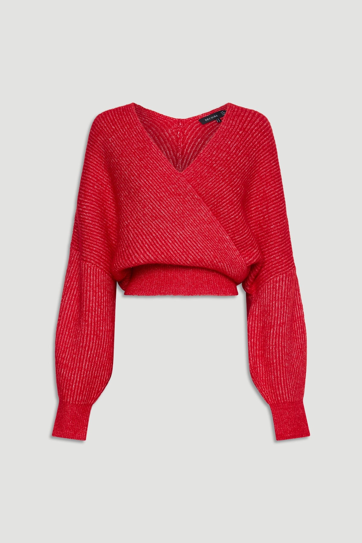 Red crossover knit jumper with a deep V-neck and balloon sleeves, designed for stylish everyday comfort.