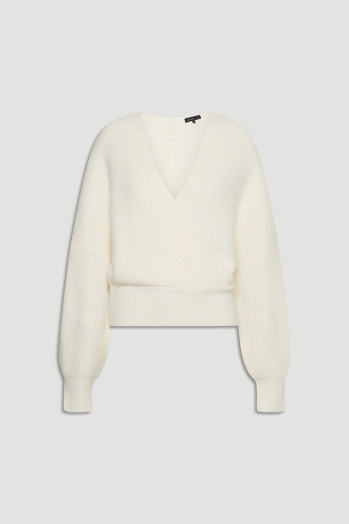 Harper Crossover Jumper in soft cream knit with balloon sleeves, a stylish versatile piece by Decjuba Australian brand