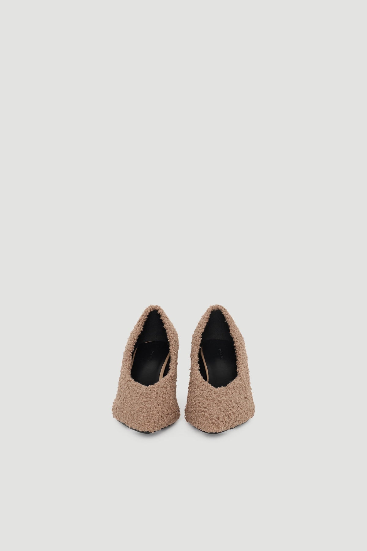 Felicity Fluffy Heel in soft textured taupe fabric with pointed toe and elegant mid heel by DECJUBA Australian fashion brand