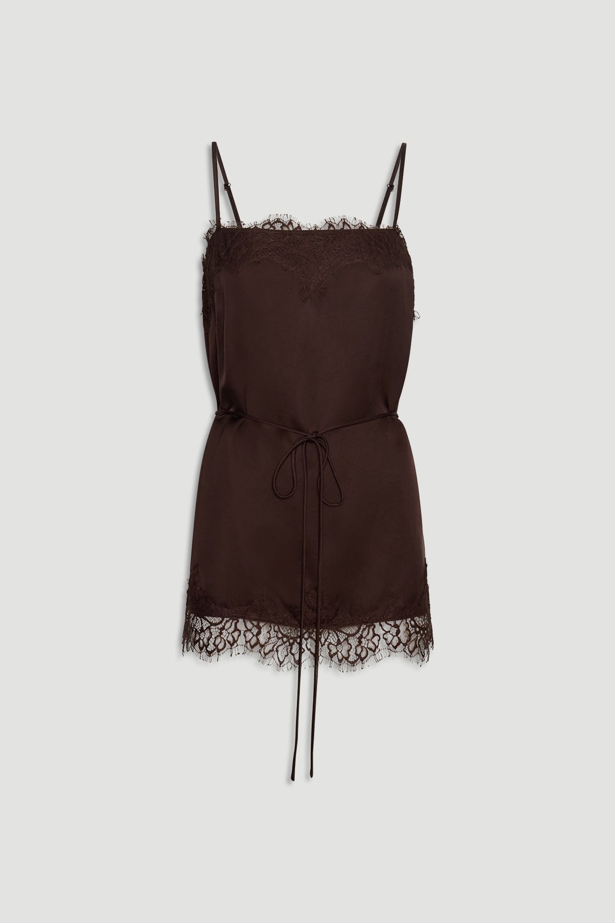 Rich mocha lace-trimmed cami top with adjustable straps and a delicate waist tie for a feminine silhouette