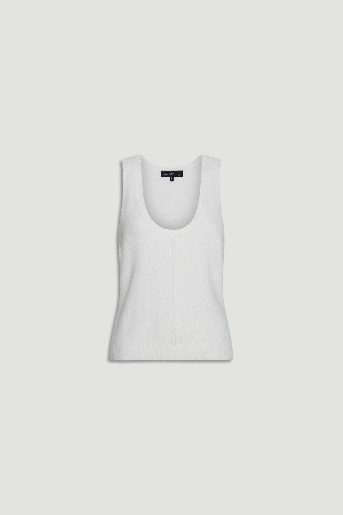 Ivory sleeveless fluffy knit tank with a scoop neckline and subtle vertical seam detail at the front