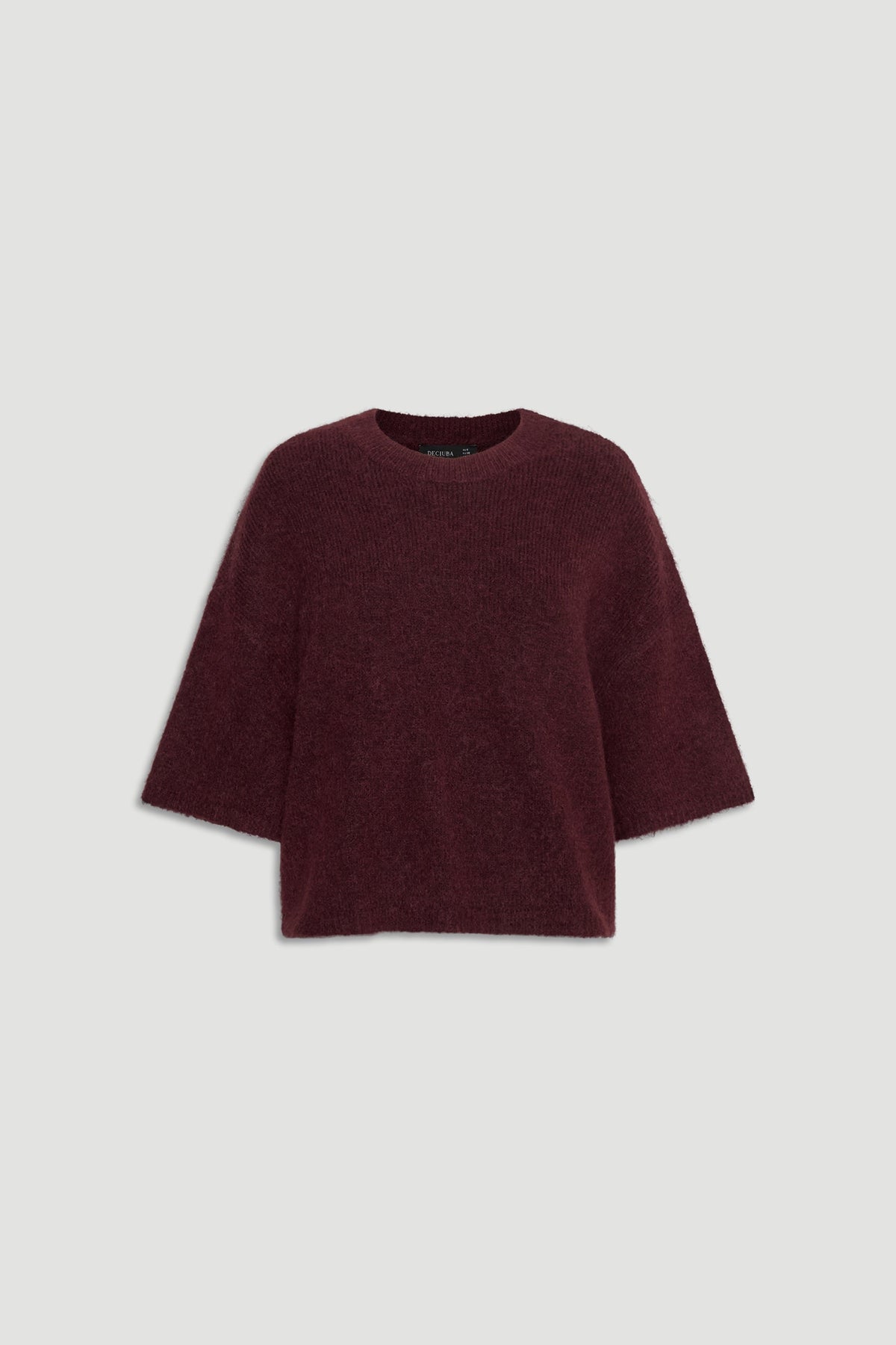 Soft burgundy fluffy knit tee with a relaxed fit and mid-length sleeves for effortless everyday style