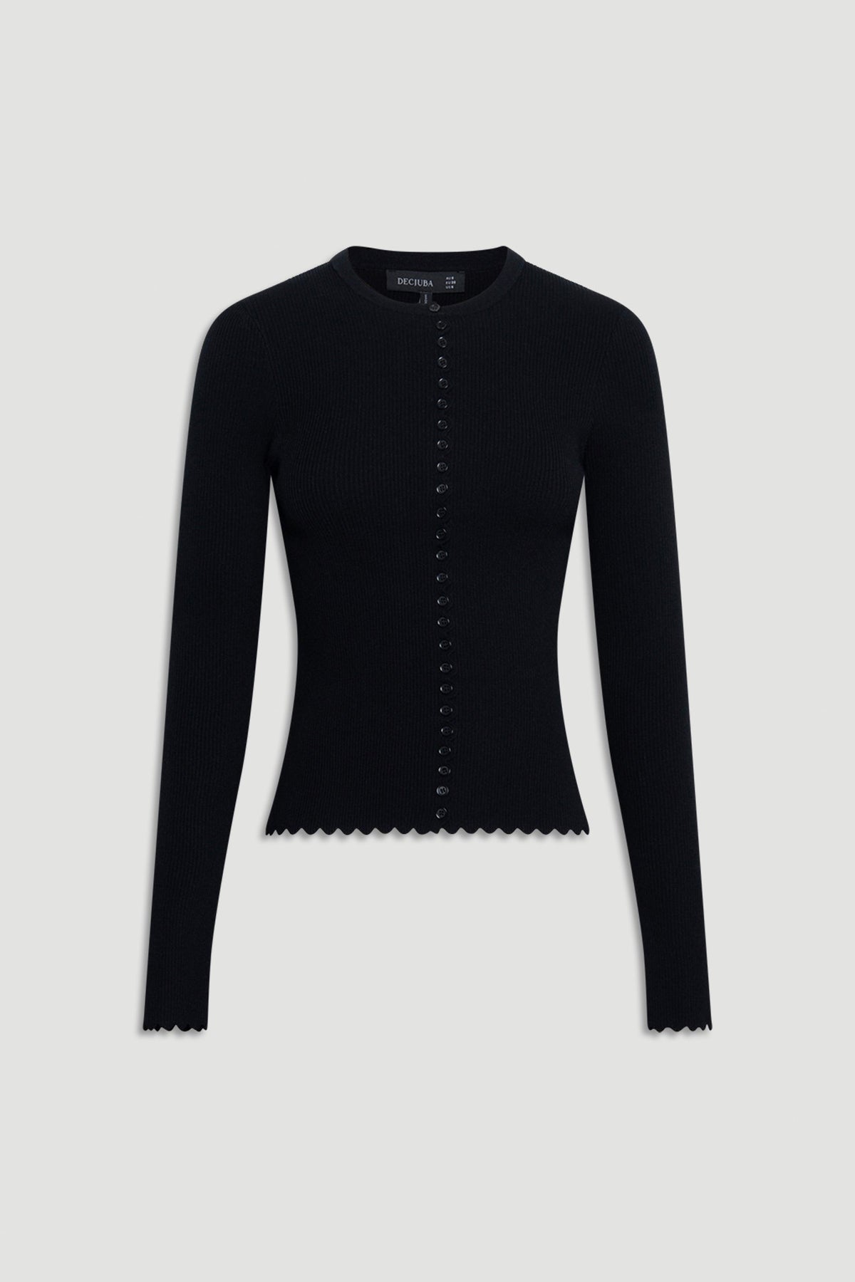 Black fitted knit top with scalloped edges and a central row of small buttons for a sleek, versatile look