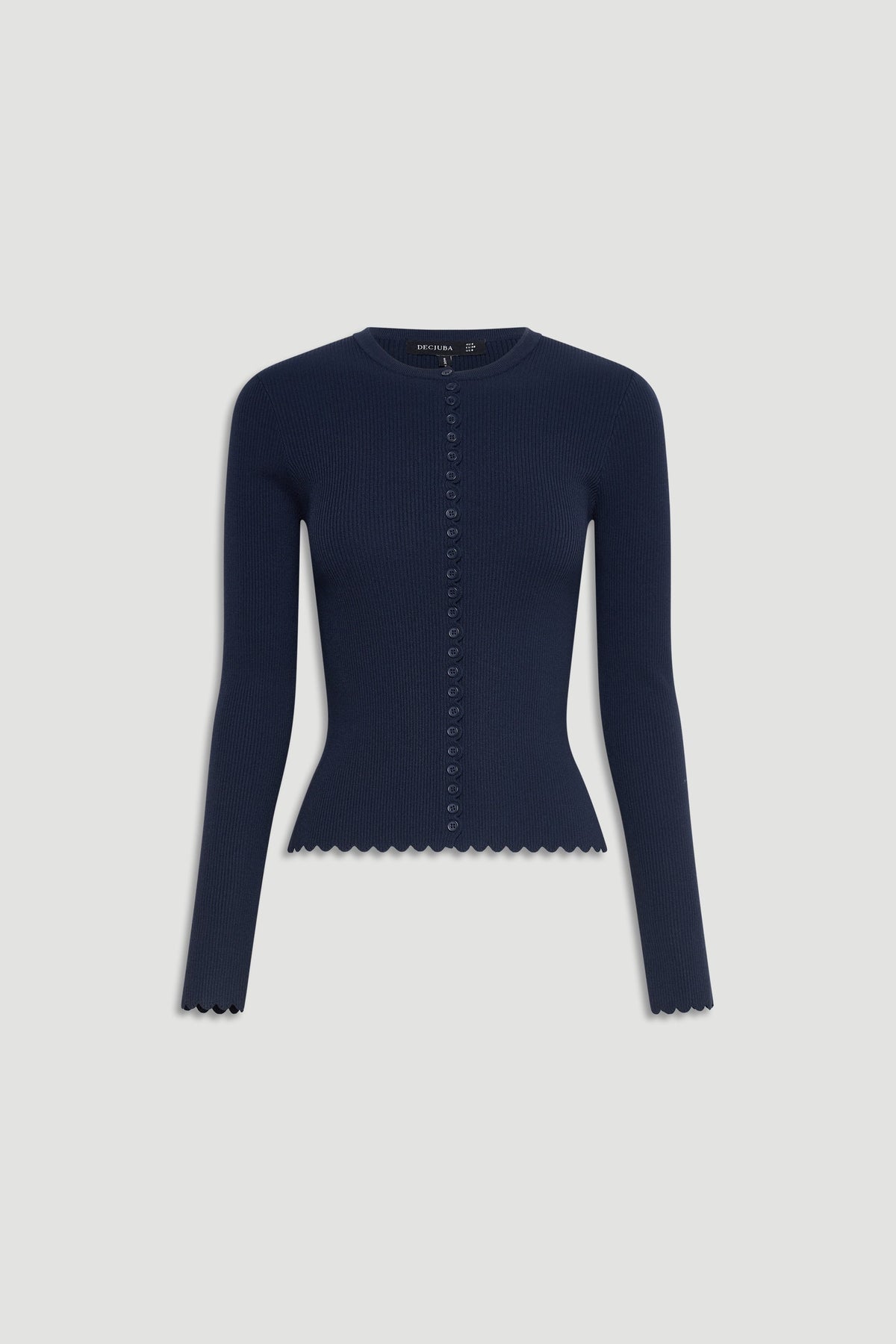 Navy blue fitted knit top with scalloped edges and small buttons down the front for a refined look