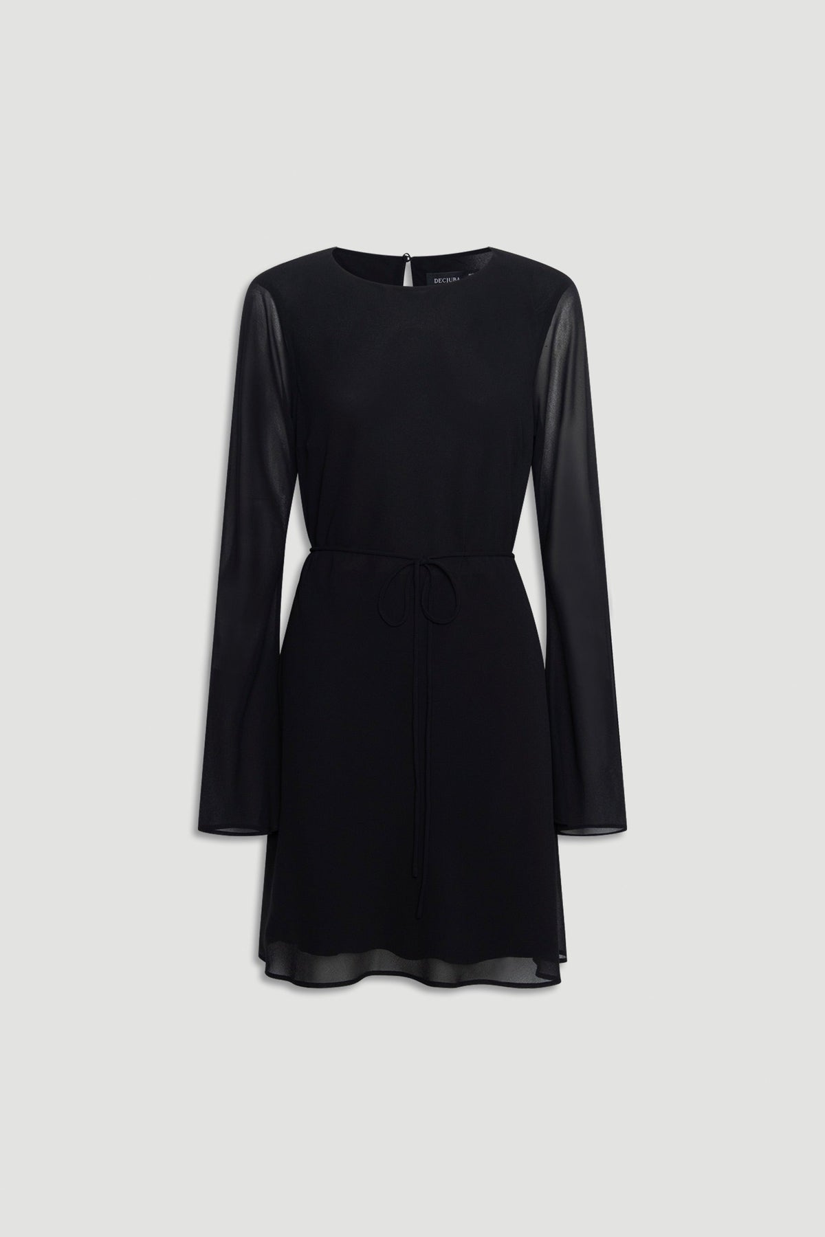 Chelsea Georgette Mini Dress in black featuring sheer long sleeves, tie waist, and a lightweight, flowing fabric design.