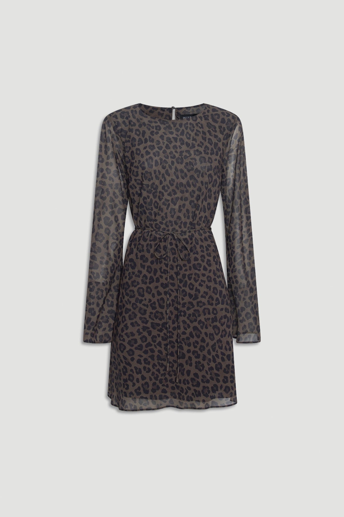 Chelsea Georgette Mini Dress in muted khaki with subtle leopard print, sheer long sleeves, and a waist tie detail by DECJUBA