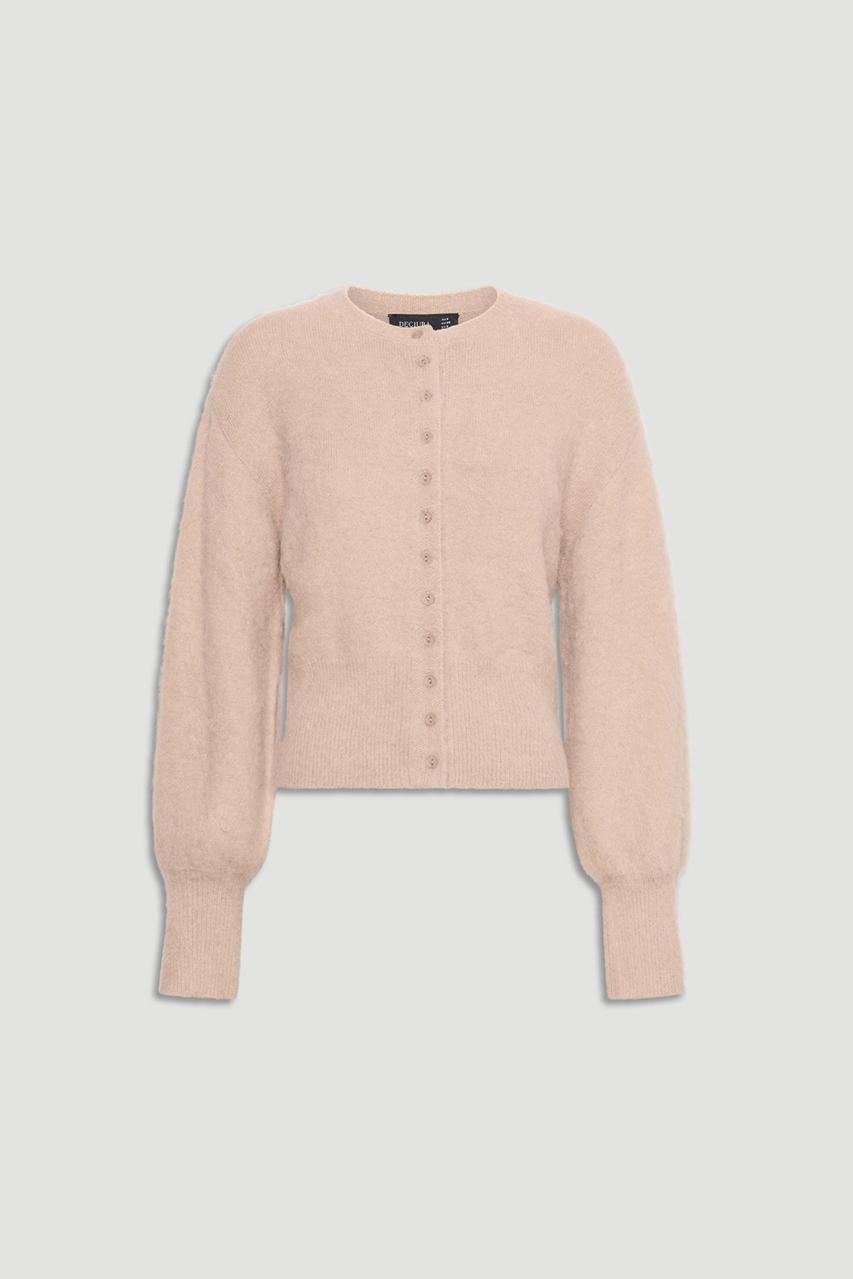 A soft blush pink Ariel Button Through Cardigan with long puff sleeves and ribbed cuffs by DECJUBA.