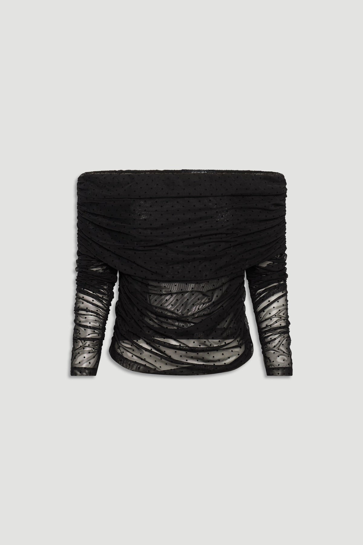 Black off-shoulder mesh top with ruched detailing and subtle polka dot texture for an elegant, modern look.
