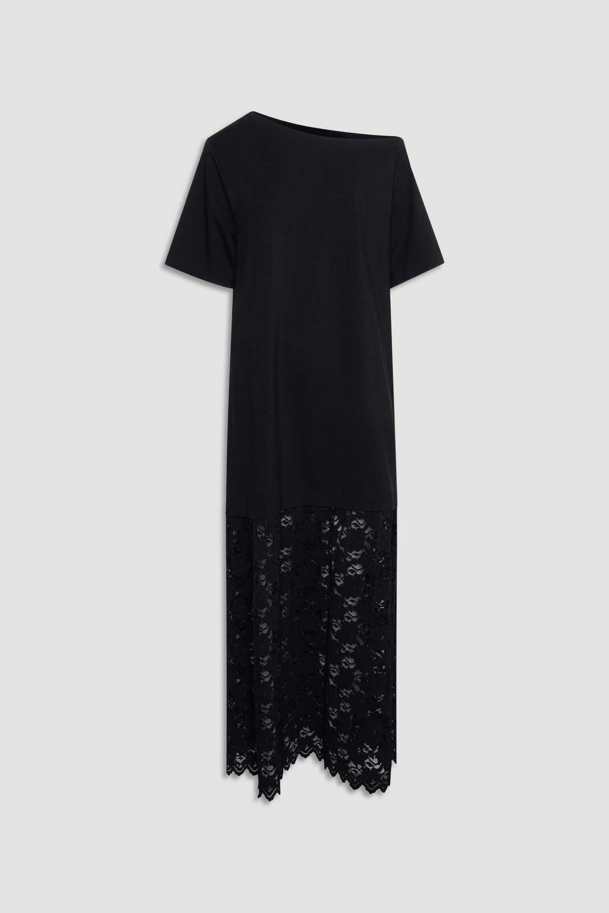 Black maxi dress featuring short sleeves and a lace hem detail for an elegant, understated look