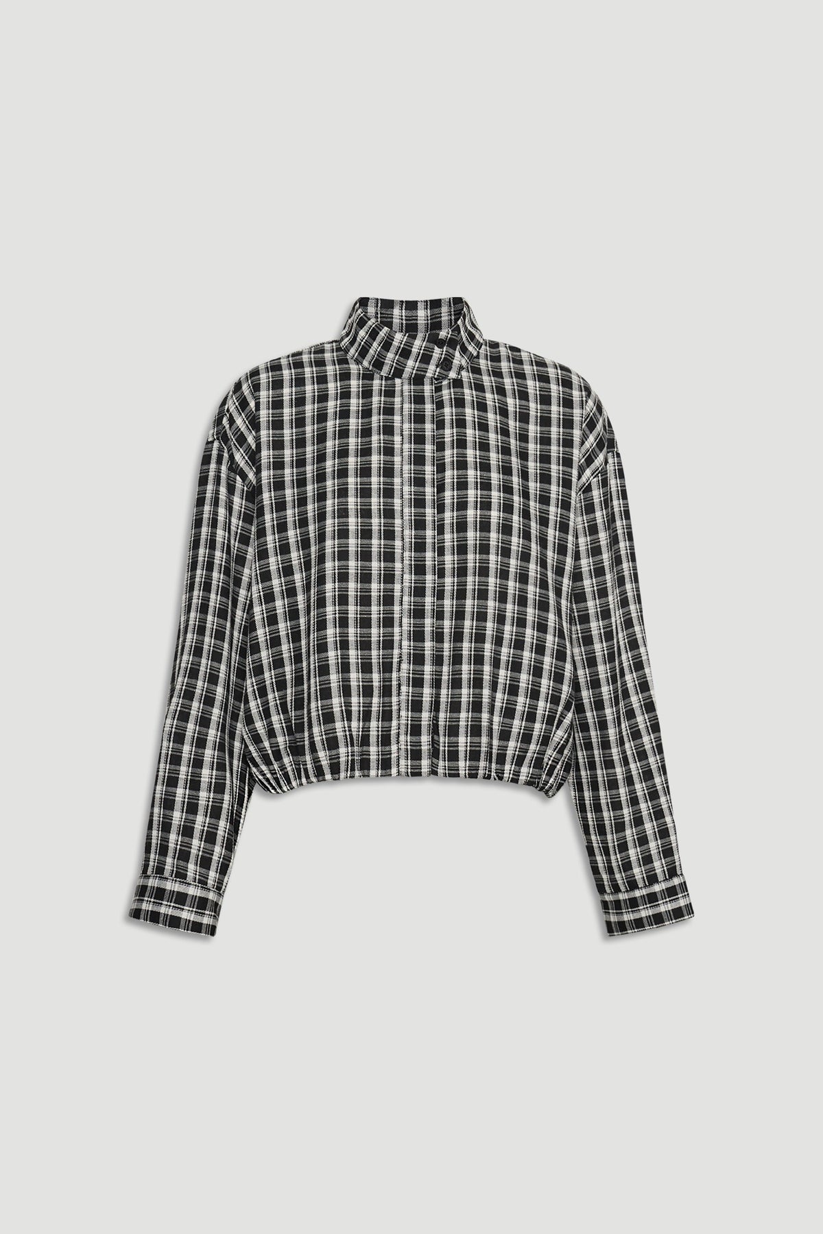 Black and ivory check pattern D-Luxe Check Boyfriend Shirt with a high collar and relaxed cropped fit for versatile styling.
