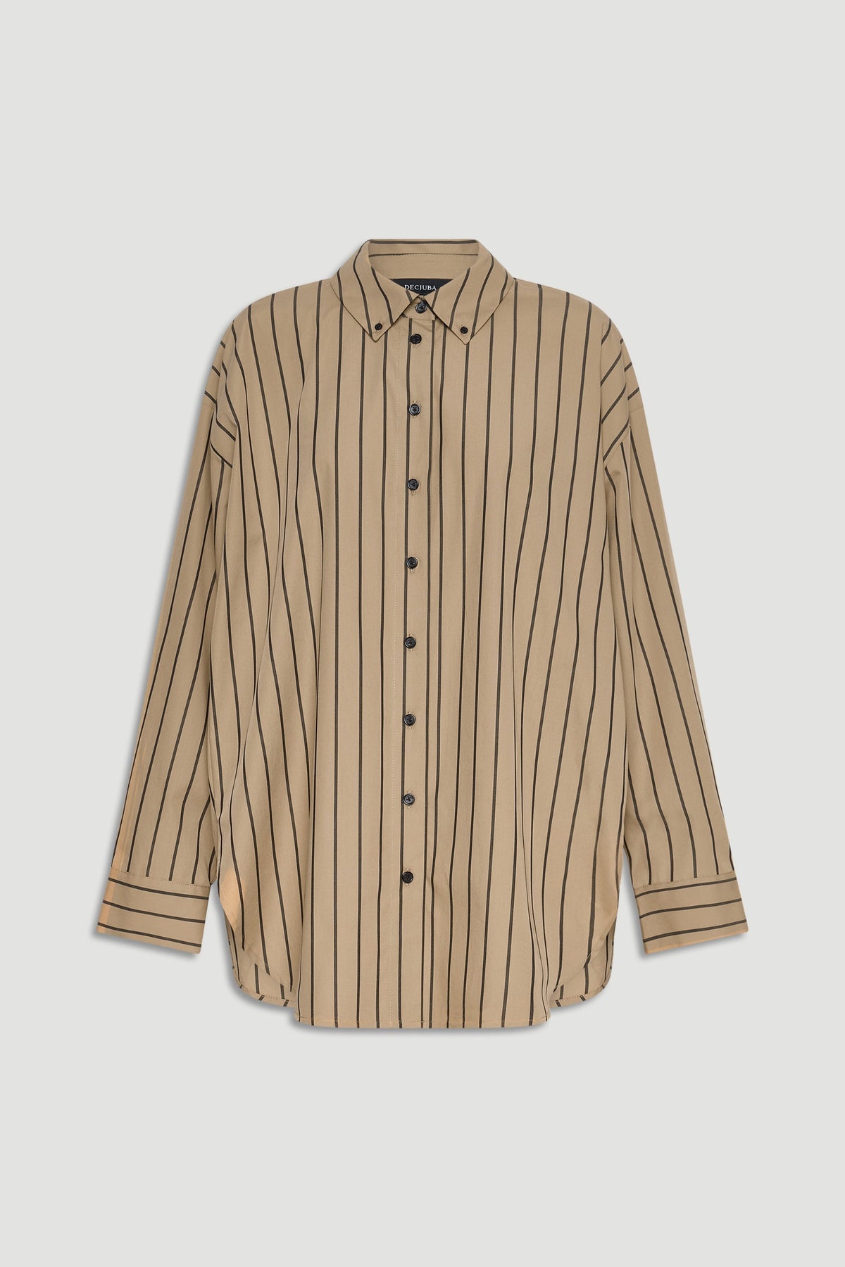 Oversized tan shirt with black vertical stripes and button-down front, featuring a classic collar and cuffed sleeves.