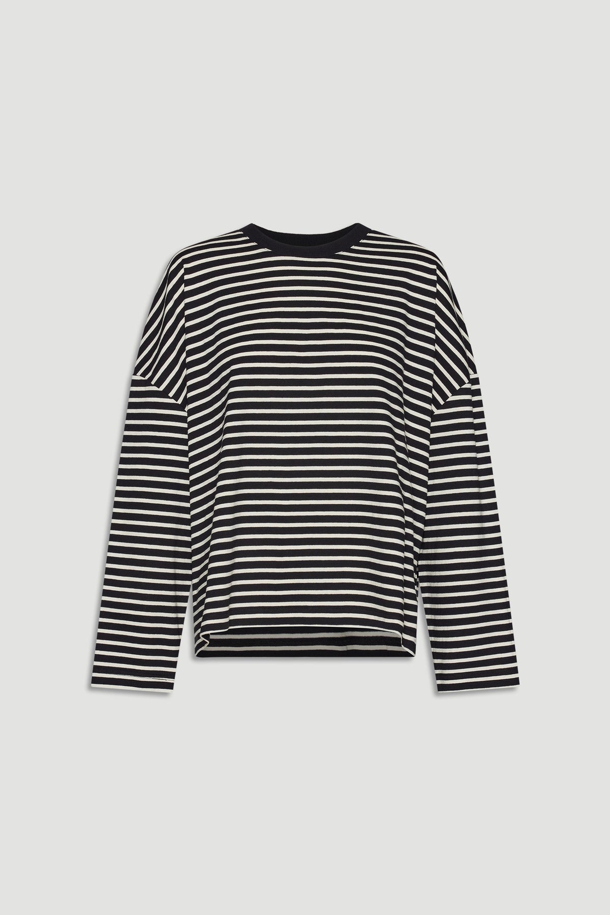 Black and ivory striped long sleeve top with a relaxed fit, perfect for versatile everyday styling
