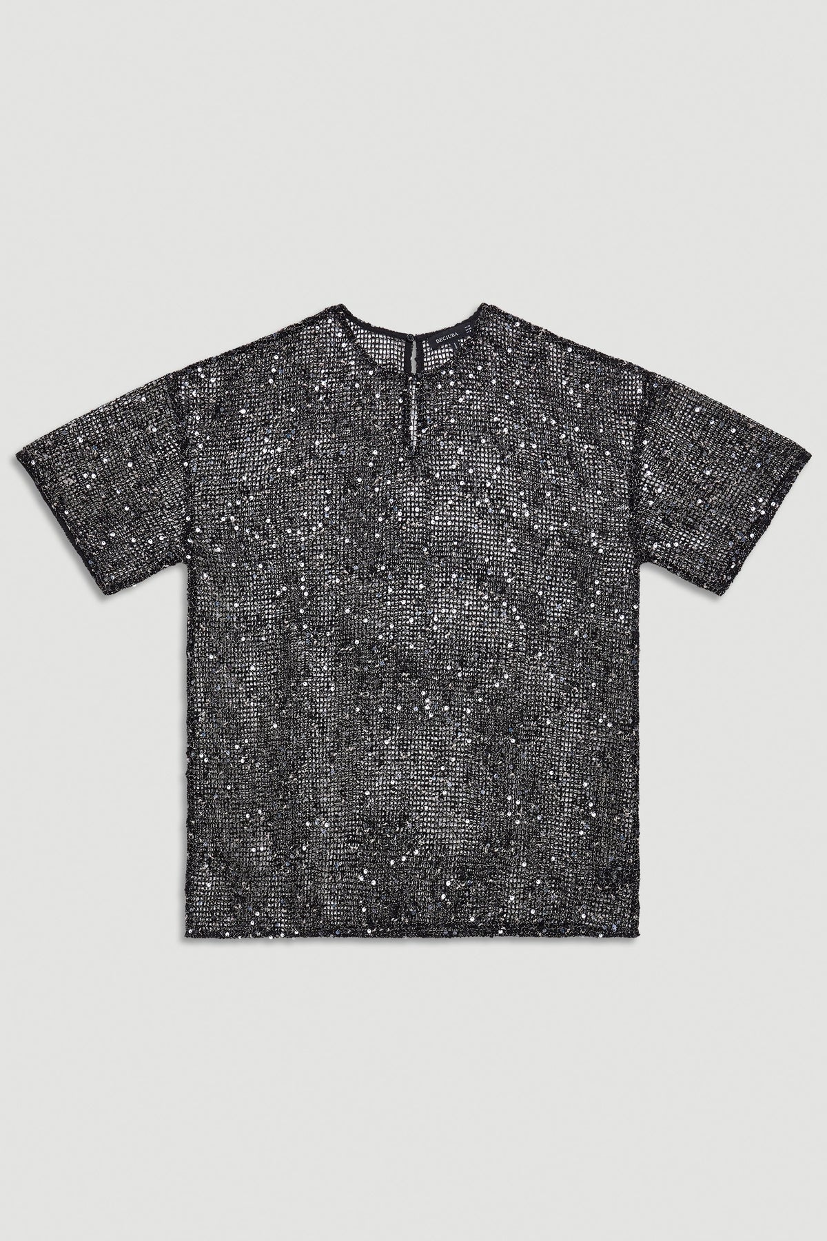 Short-sleeve black sequin top with a relaxed cut and subtle keyhole detail at the neckline.