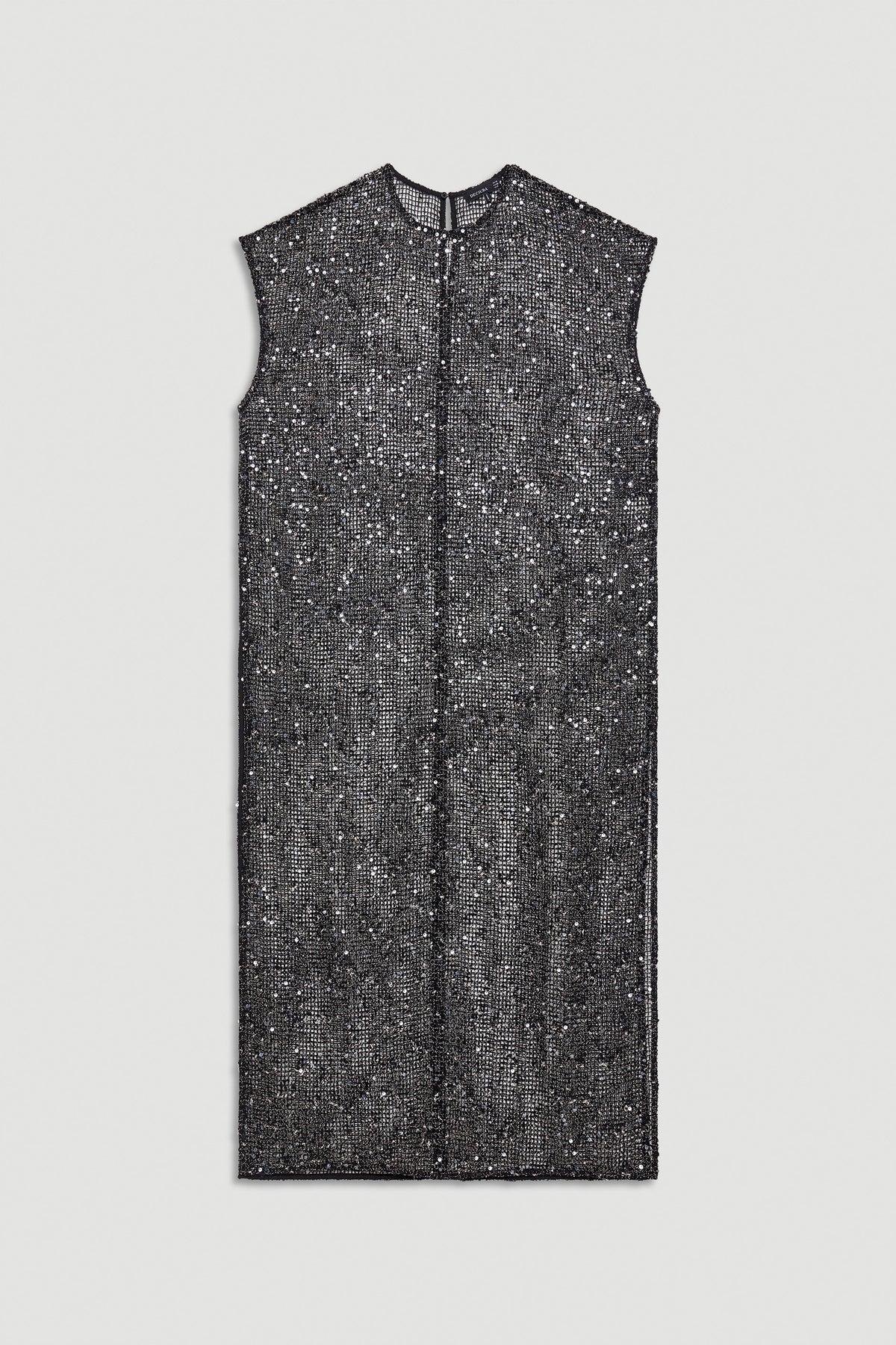 Sleeveless knee-length black sequin dress with a high neckline, designed for effortless evening style.
