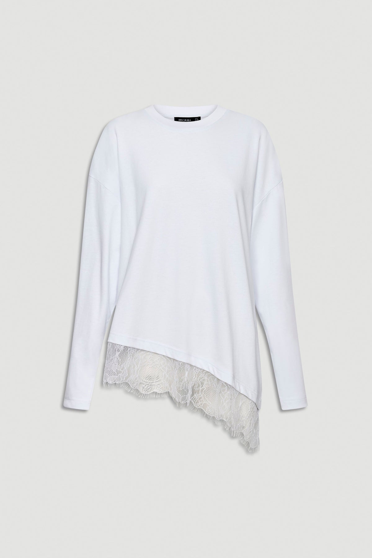 White long sleeve top with an asymmetrical hemline featuring delicate lace trim for effortless style.