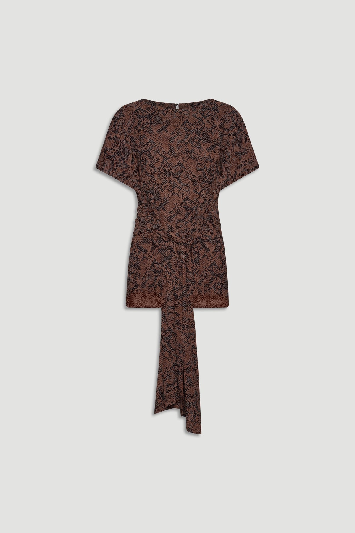 Short brown tie-front tunic with a subtle snake print pattern and relaxed short sleeves for effortless style
