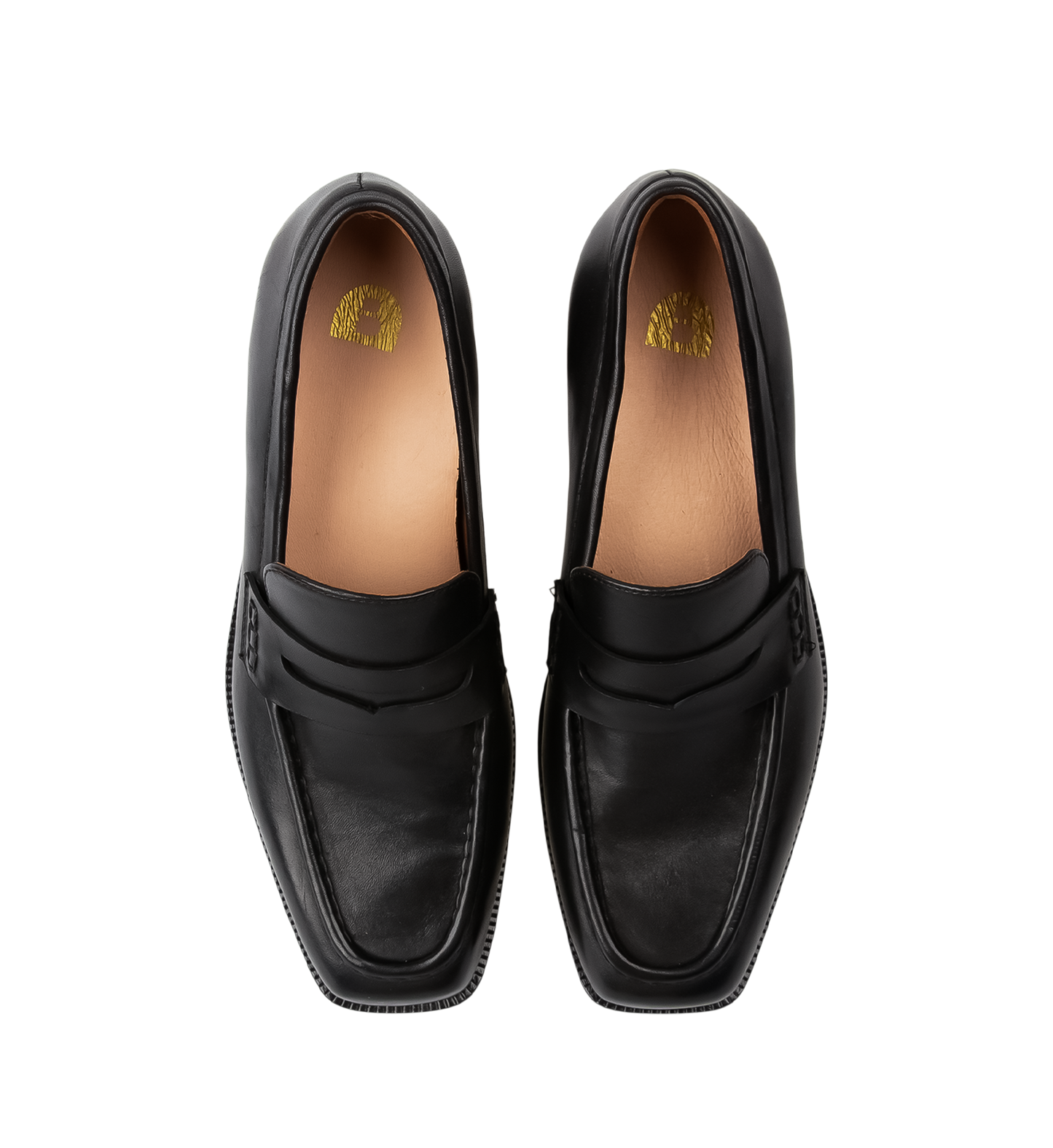 pair of womens black loafers with a heel