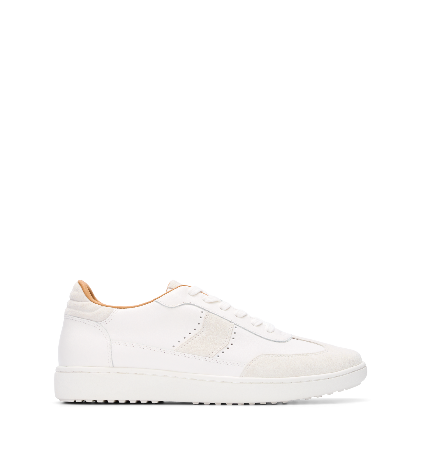 A white leather and suede sneaker with a lace-up closure and a flat heel.