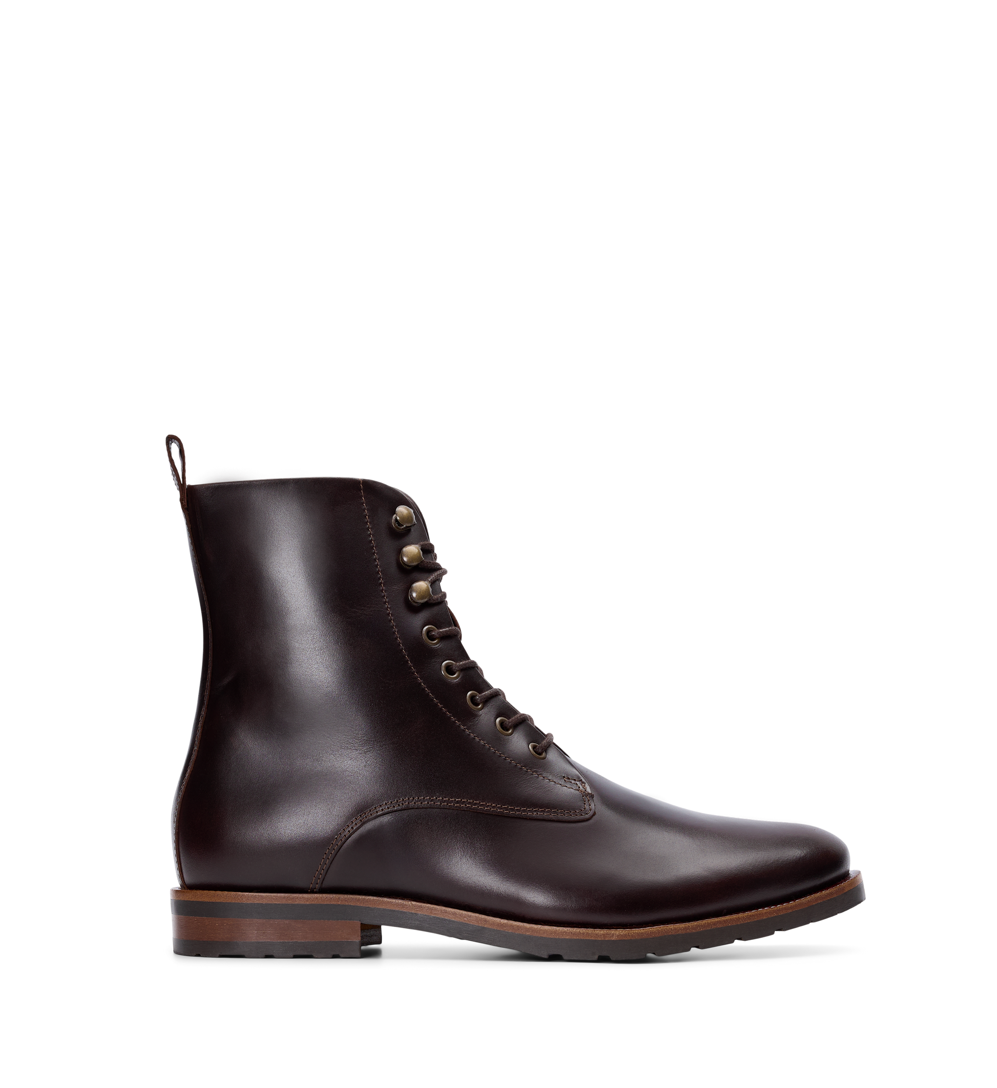 A mahogany brown leather lace-up boot with a low heel and rubber outsole.