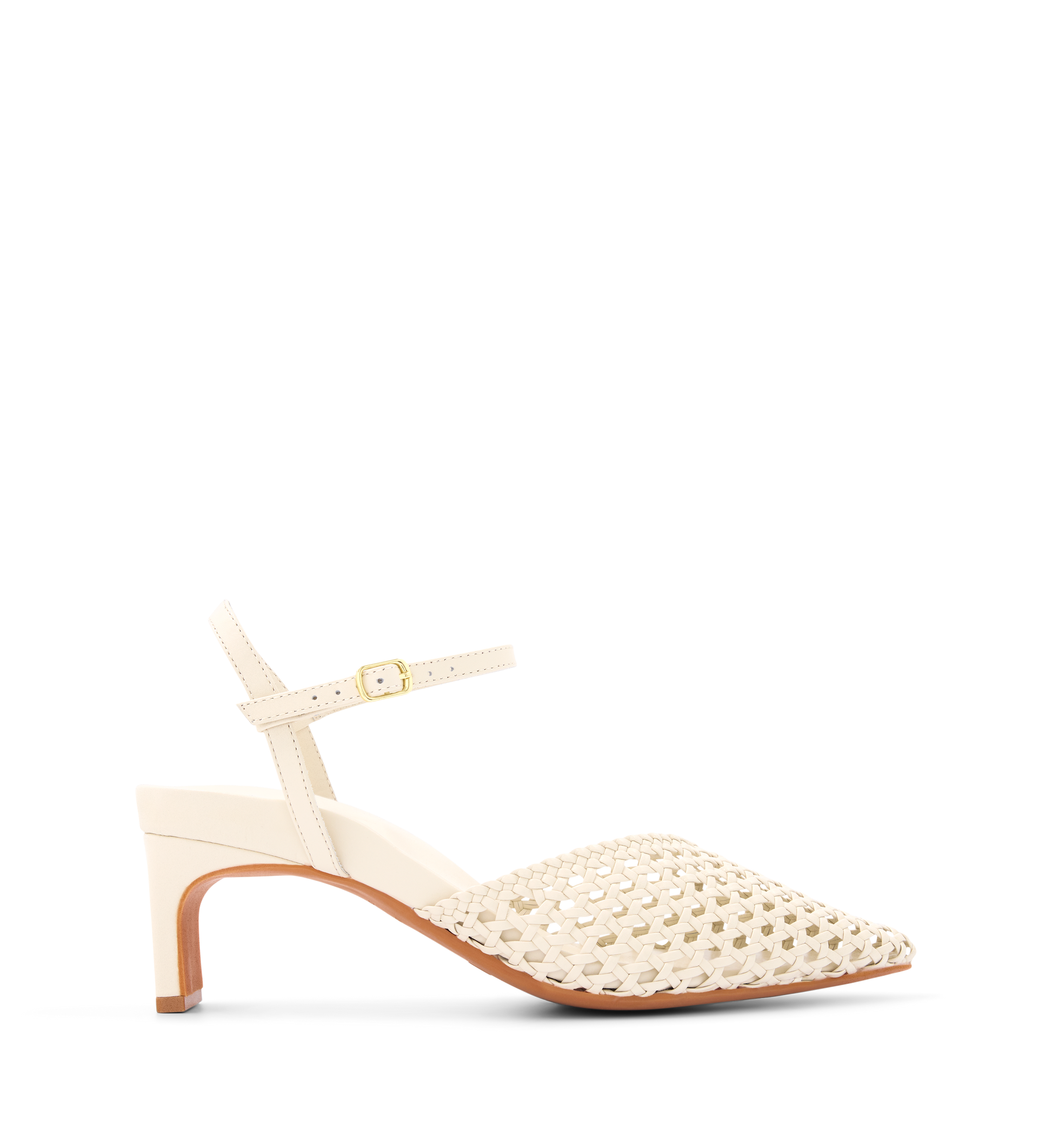 A ecru leather low heel slingback sandal with a pointed toe and gold hardware.