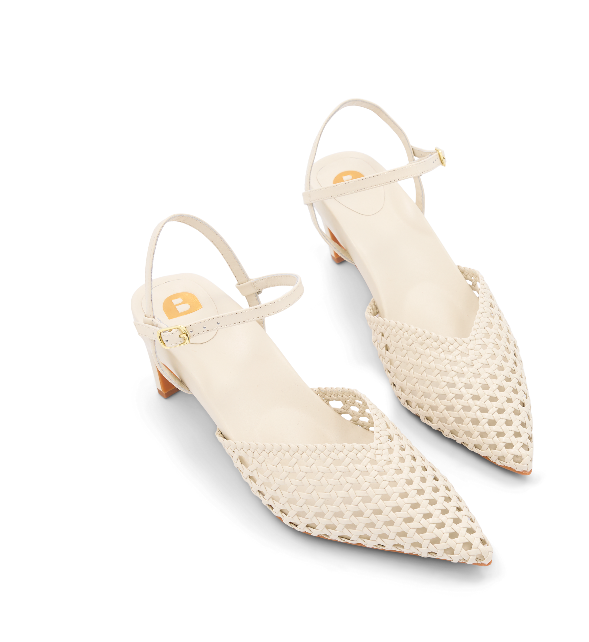 pair of beige woven heels