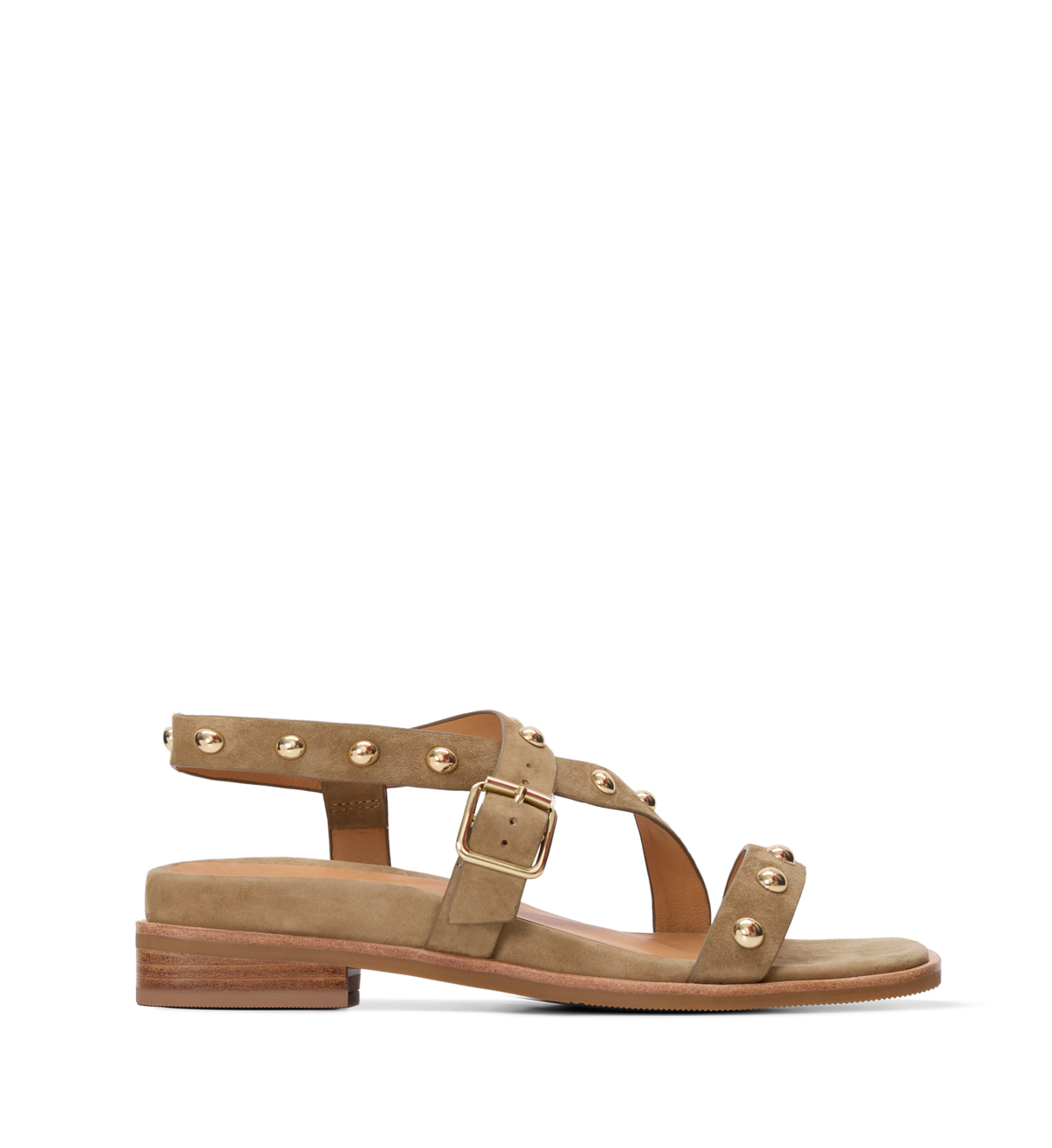 Tan sandal with gold straps and buckles on a white background