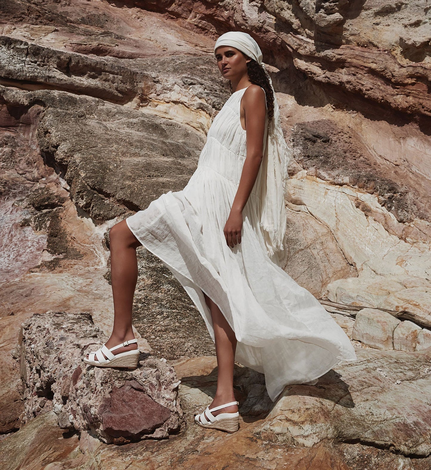 Muaiz White Leather Wedges