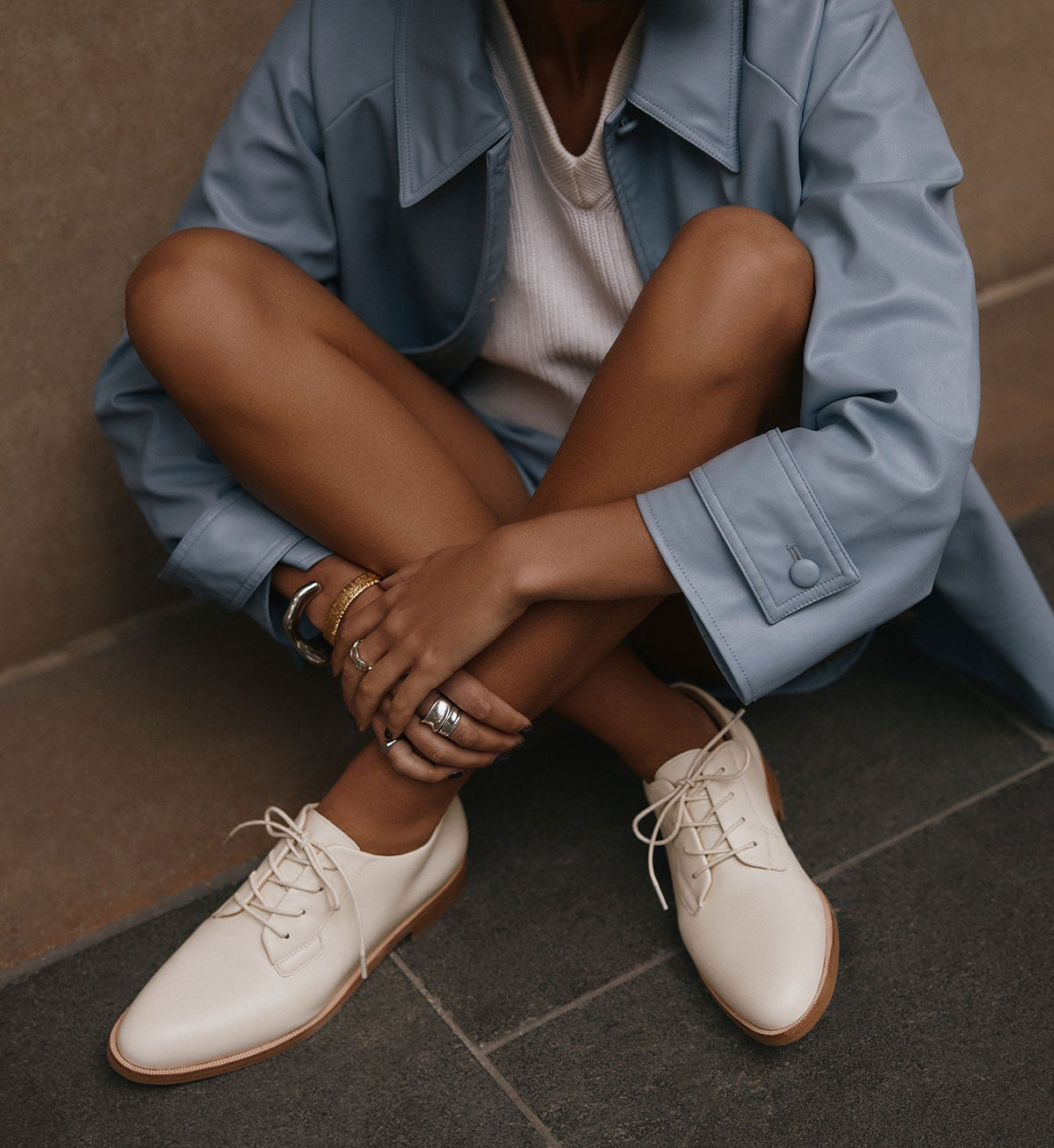 Nandu Ecru Leather Lace Up Flats