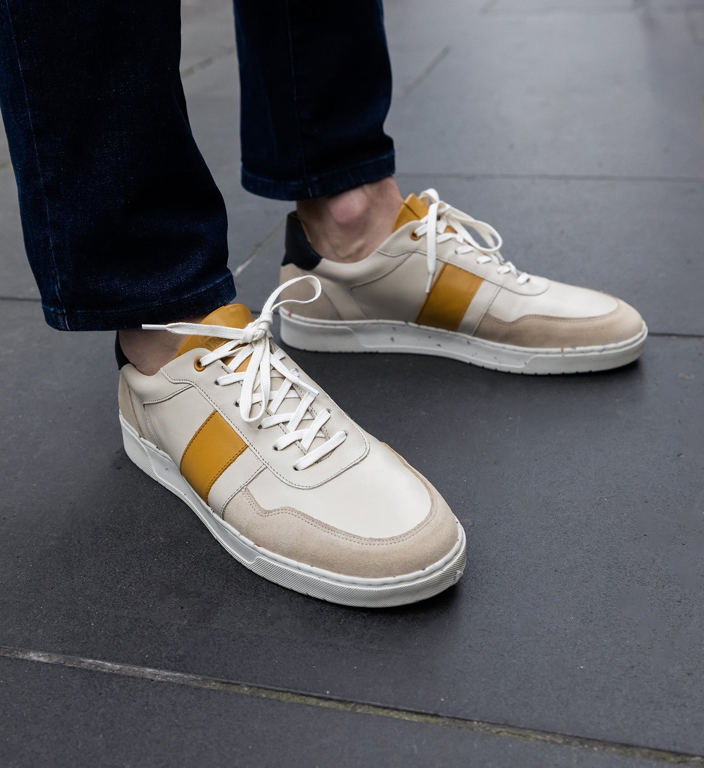 comfortable mens ecru yellow leather sneaker