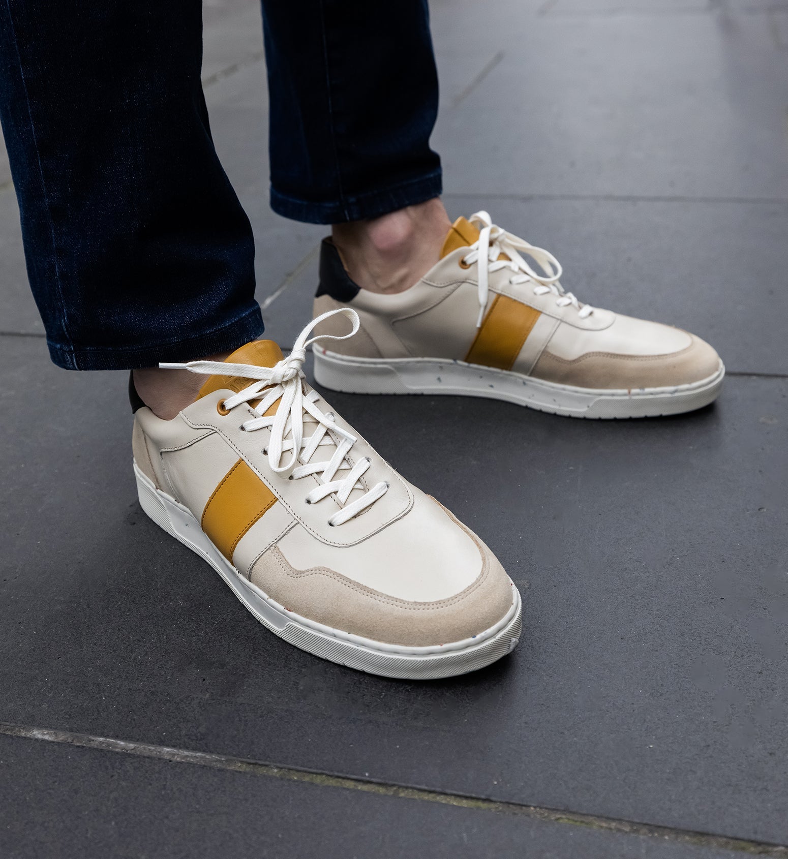 comfortable mens ecru yellow leather sneaker