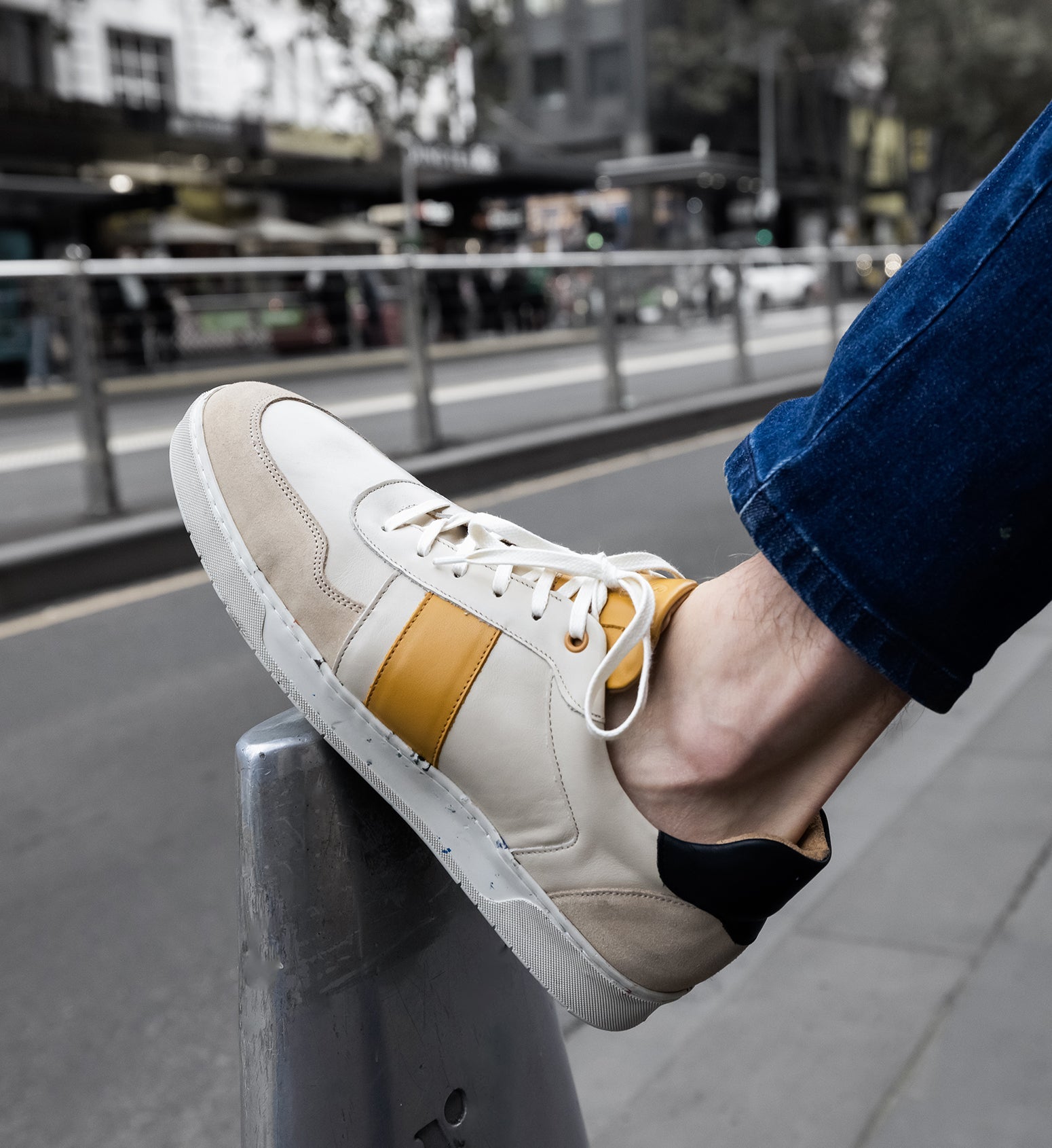 comfortable mens ecru yellow leather sneaker