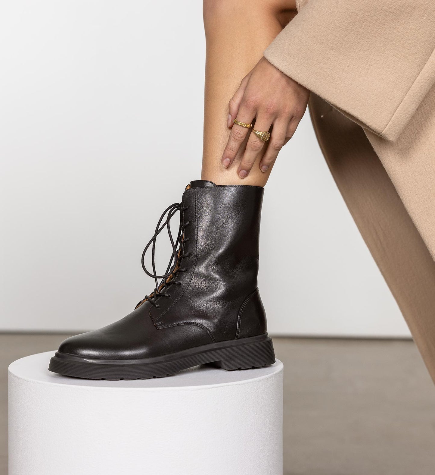 womens black leather lace up flat combat boot