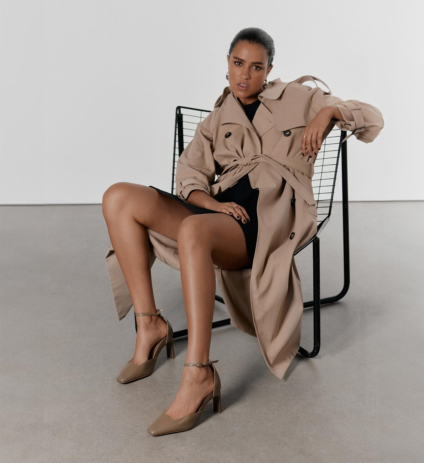 women's beige leather high heel pumps with trench coat